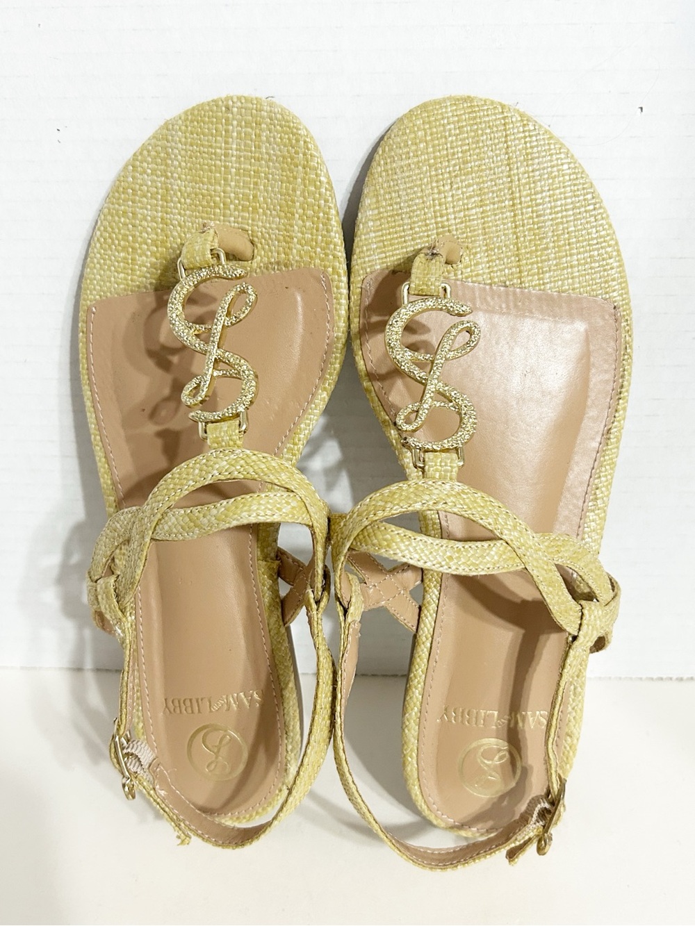 Sam & Libby Gold Raffia T-Strap Slingback Sandals Size 7.5 – Crystal S Detail